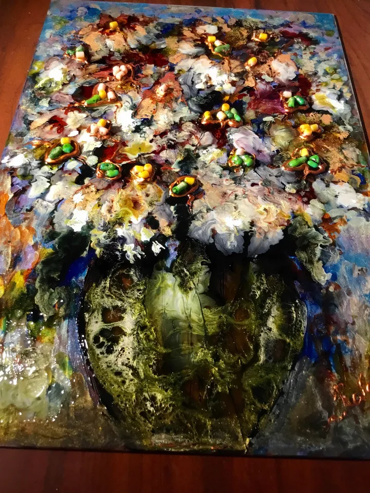 Abstract chrysanthemums in a vase,stained glass painting,fantasy glass flowers decorated with faux coral beads,unique handmade gift.
