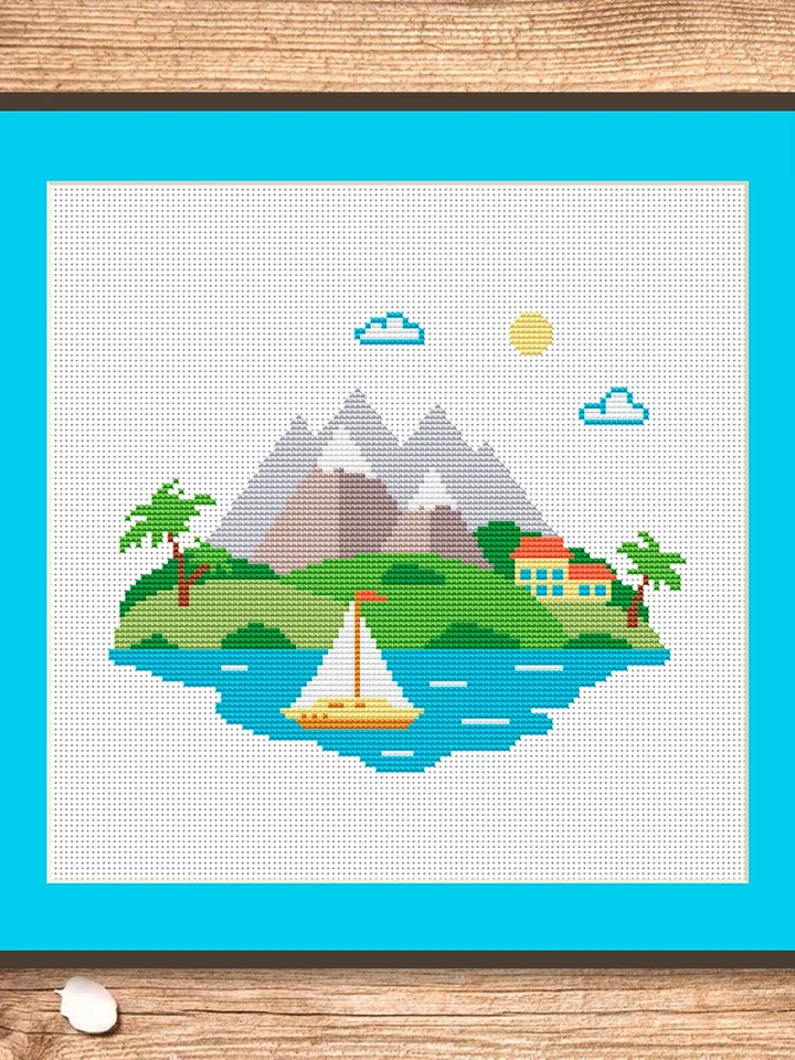 Mountain Landscape Cross Stitch Pattern, Island Cross Stitch, Embroidery Travel, Travel Cross Stitch Pattern, Modern Cross Stitch #trl007