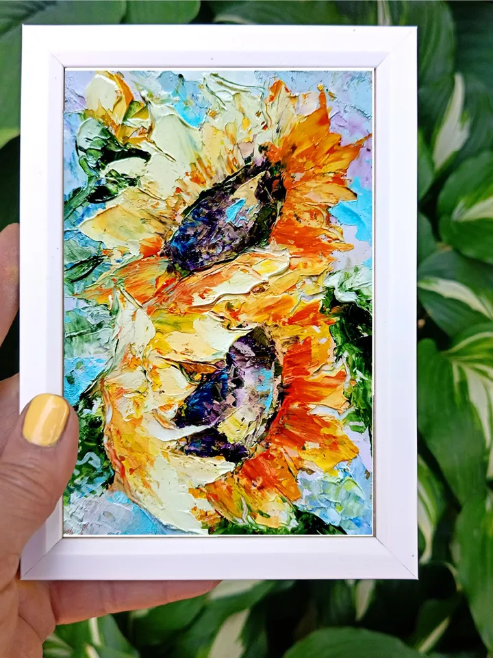 Sunflower Oil Painting Original Art 6x4 Kansas State Flower Impasto Impressionist Small Artwork Vivid Impressionist Gifts by ArtProkopaloSv