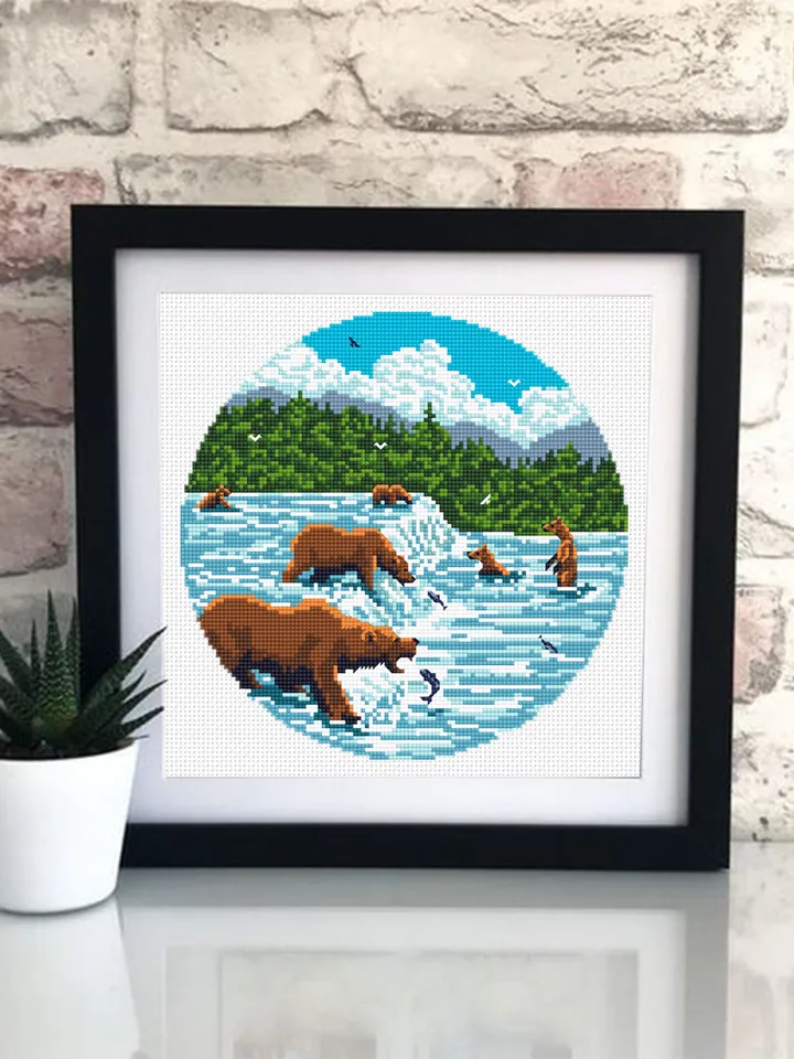 Katmai national park cross stitch pattern PDF download Bears catch fish, Nature cross stitch chart, Brooks falls in Alaska Bear fishing #L70