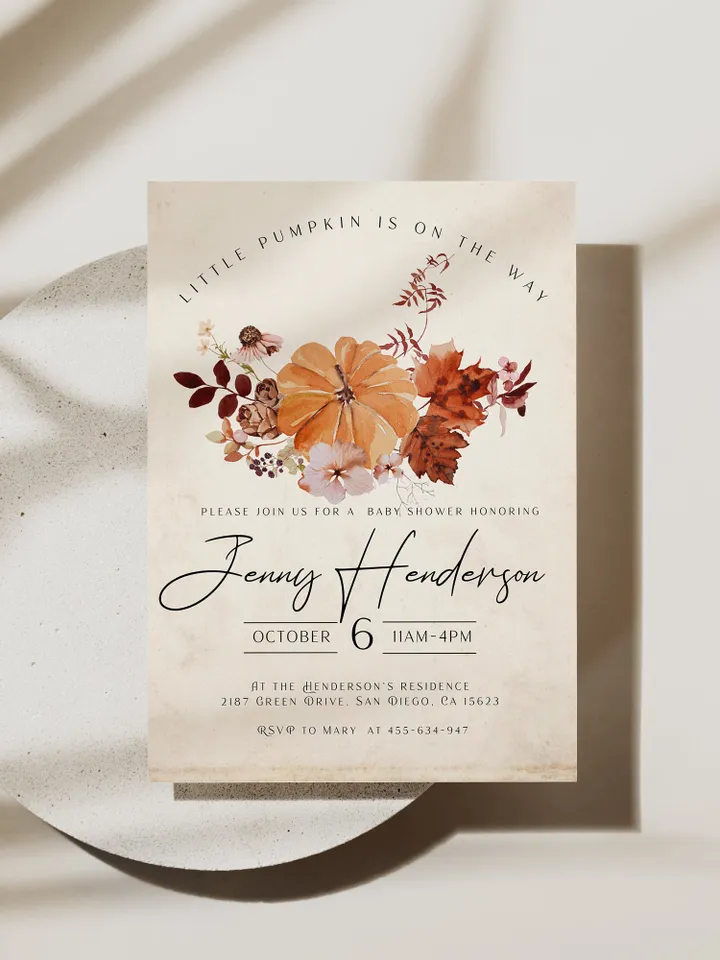 Rustic Autumn Baby Shower Invitation; Boho Flowers Baby shower; Little Pumpkin baby shower; editable template canva; Fall; Autumn; Pumpkin