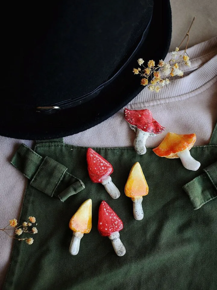 Warm brooch made of polymer clay, mushroom pin, fly agaric brooch