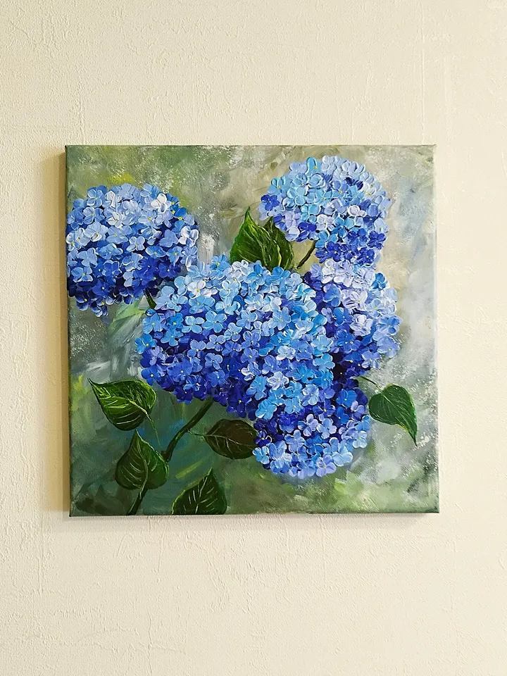 Blue Hydrangea Painting Art Impasto Flowers Artwork
