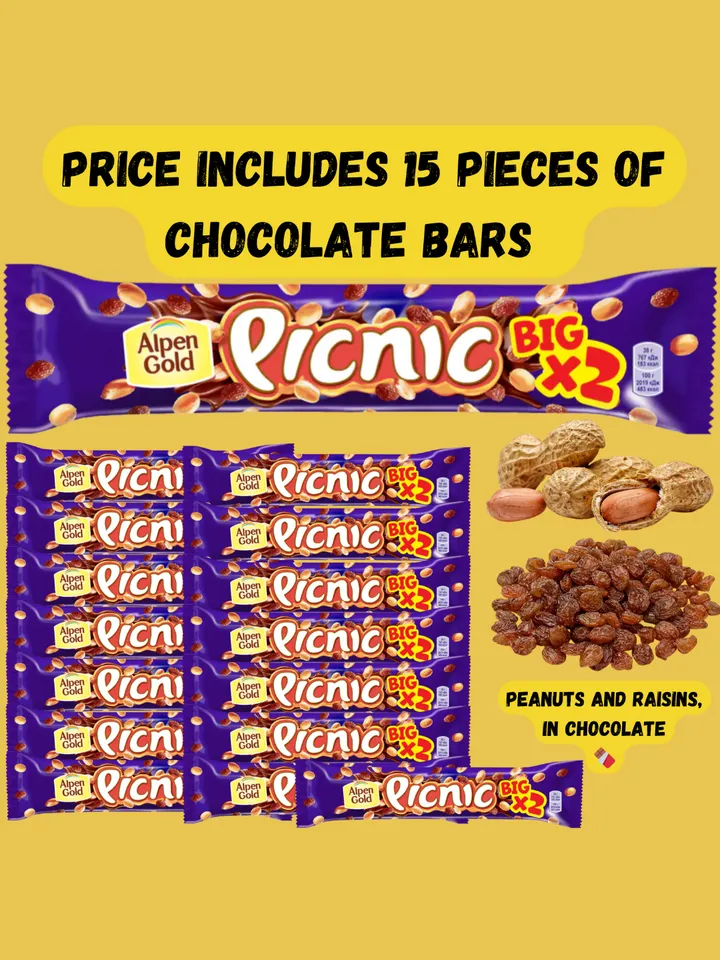 Chocolate bar "Picnic" Big, 15 pcs with peanuts and raisins 2,54oz (38,10oz)