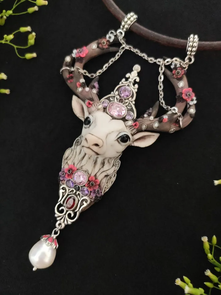 Deer pendant, Deer totem, Pearl pendant, necklace with stones, Ceitic deer amulet