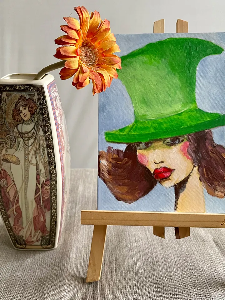 Girl in Green Hat Painting, Original Female Portrait Painting