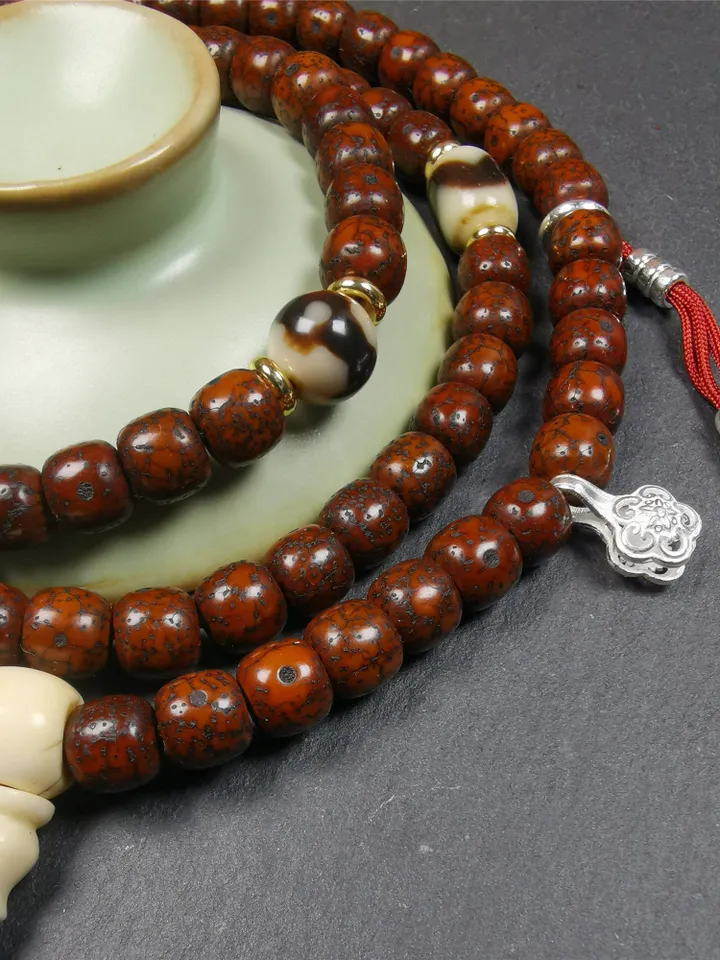 Gandhanra Old 108 Tibetan Lotus Seed Beads Mala,Prayer Beads Necklace for Meditation,Diameter 0.31", Circumference 33"