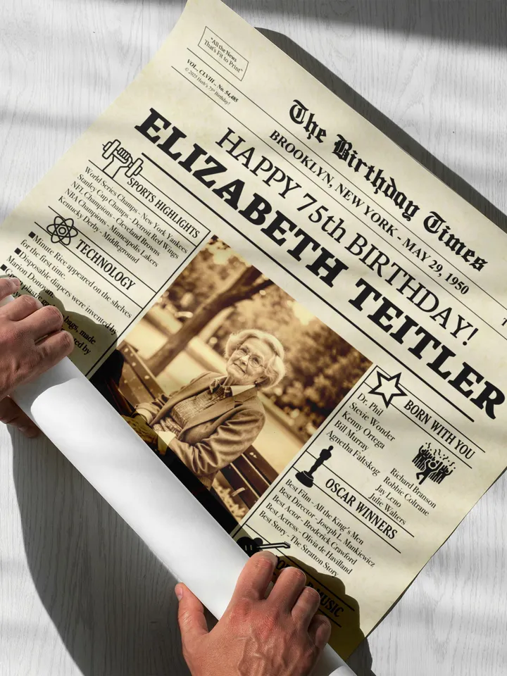 Personalized 75th Birthday Newspaper Poster, Birthday Sign, 75 Years Ago Back in 1950, 75th Birthday Gift, 75th Birthday Decorations