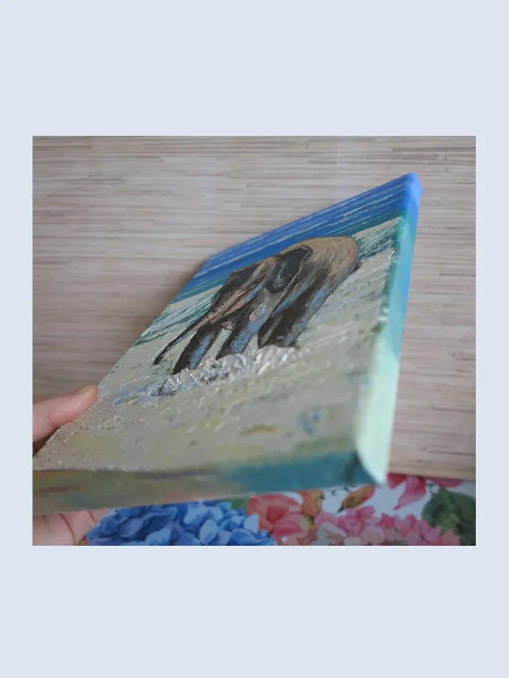 Original Oil Painting of a Baby Elephant Playing on the Beach A Heartwarming Art of Joy and Nature  Delightful Baby Elephant on a Sunny Beach Mini Artwork