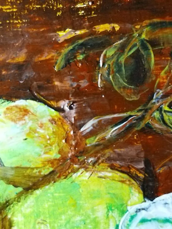 Green ripe grapes fruit berry small oil painting