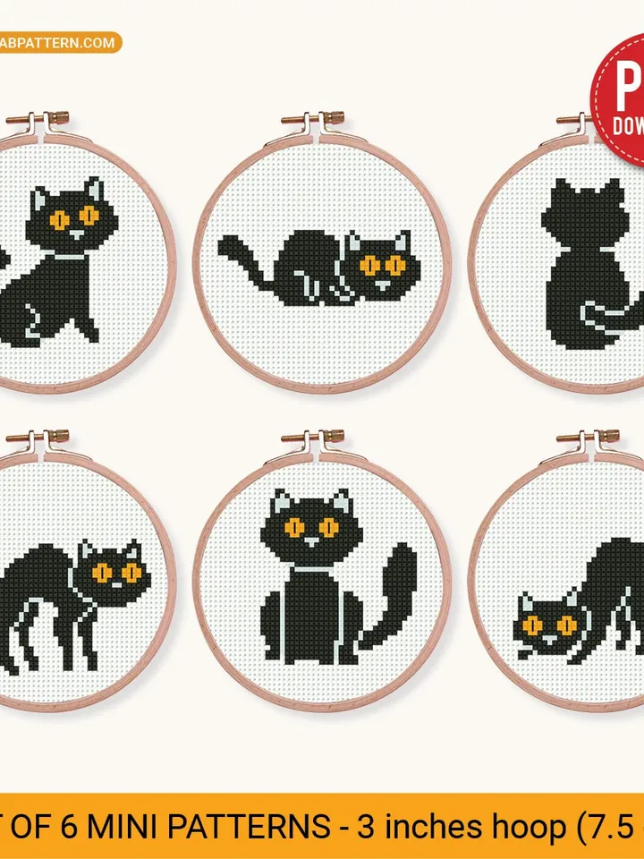 Bundle 6 mini black cat Cross stitch pattern, tiny animal, Nature, animals, beginner counted, modern chart, DIY, embroidery, instant PDF
