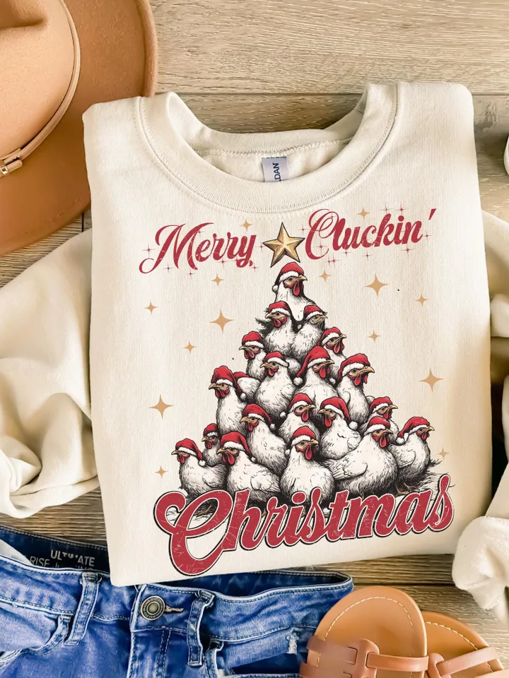 Merry Cluckin' Christmas, Christmas farmhouse Png file, Funny Trendy Merry Christmas Chickens Png Shirt, Tote bag Sublimation Design