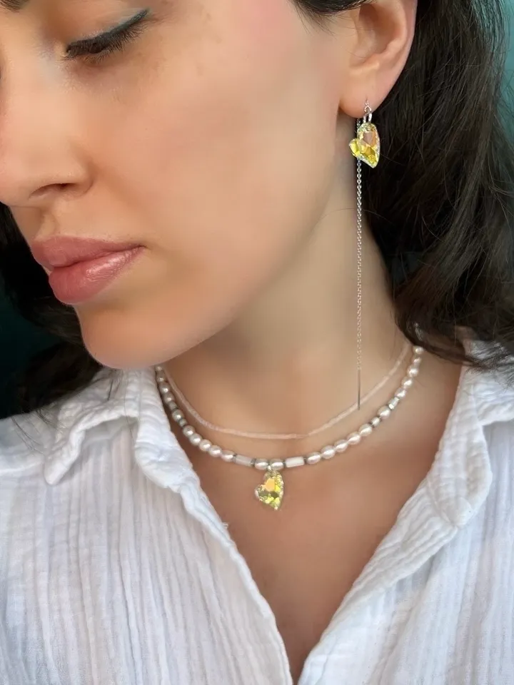 Natural Pearl Swarovski pendant Jewelry Set Necklace Earrings DIAMOND LOVE