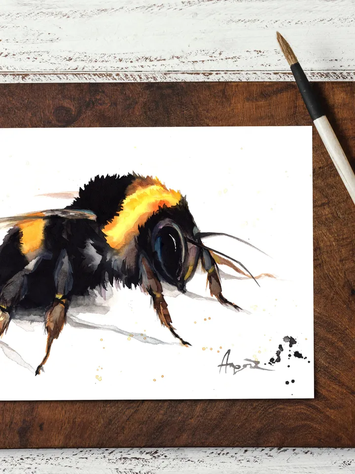 Bumblebee original watercolor illustration, bee painting, wall decor, 8x11 in art for natura lovers by Anne Gorywine