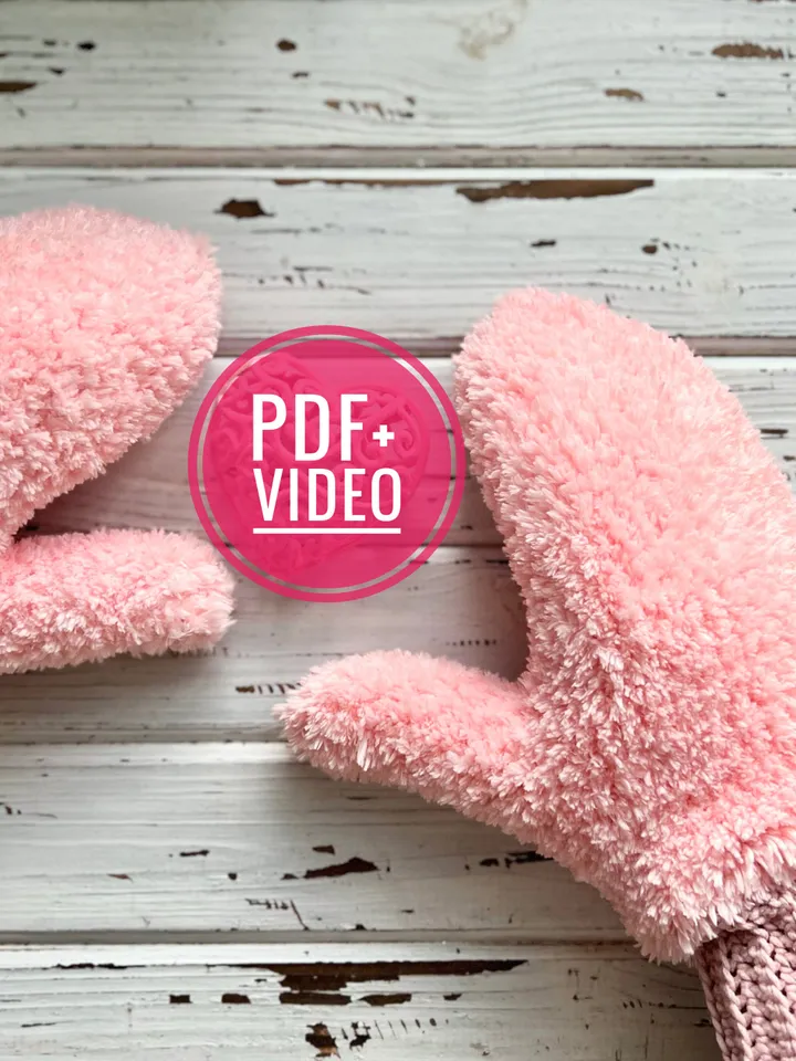 Mittens crochet pattern PDF, fur gloves, digital instant download, video tutorial