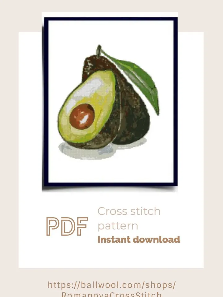 Watercolor Avocado cross stitch PDF pattern, Food embroidery, Instant download