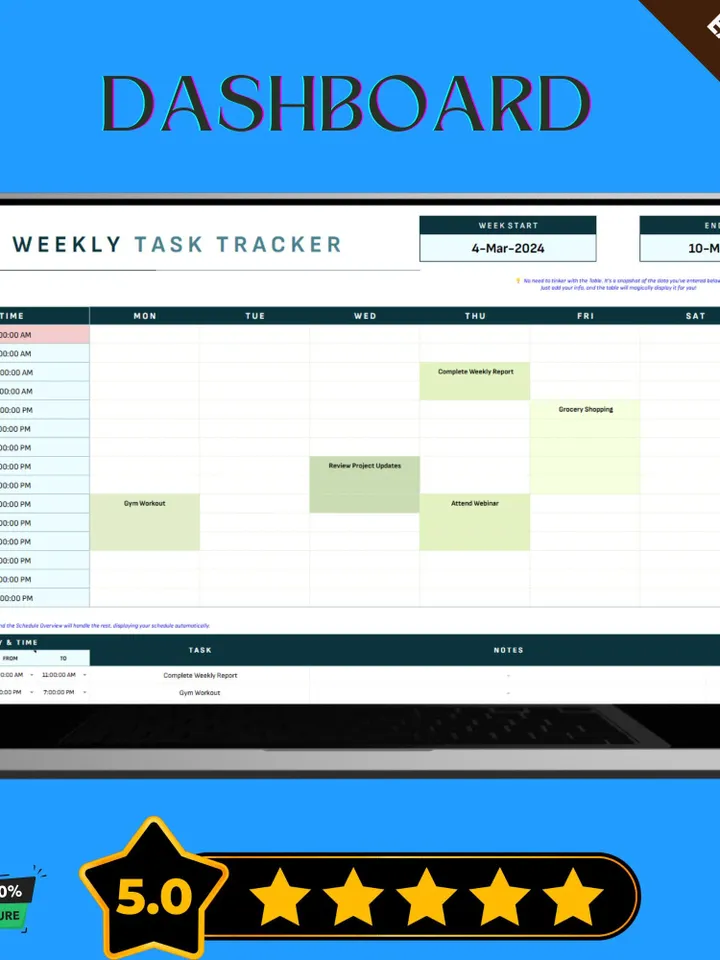 Weekly Task Tracker Template, Editable Google Sheets, Task Management Log, Weekly Progress Tracking Sheet