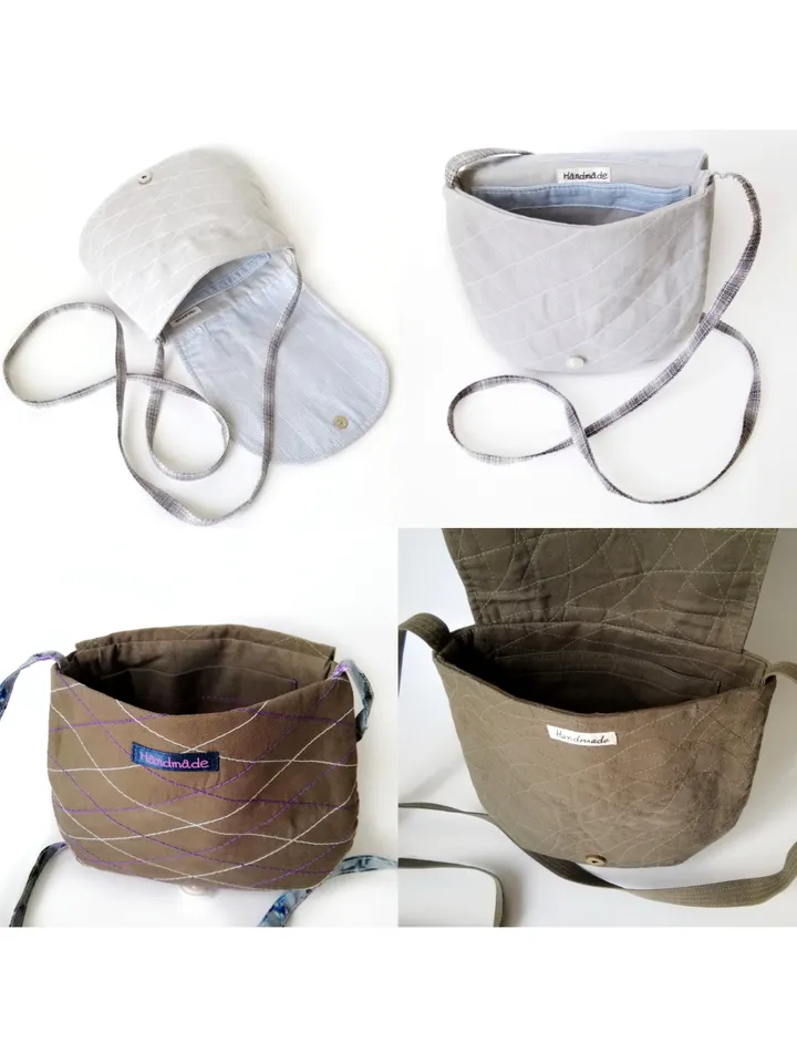 Handmade Women's Quilted Fabric Crossbody Purses with Lace and Decorative Stitching in Grey and Khaki Colors - Small and Stylish. FREE SHIPPING!