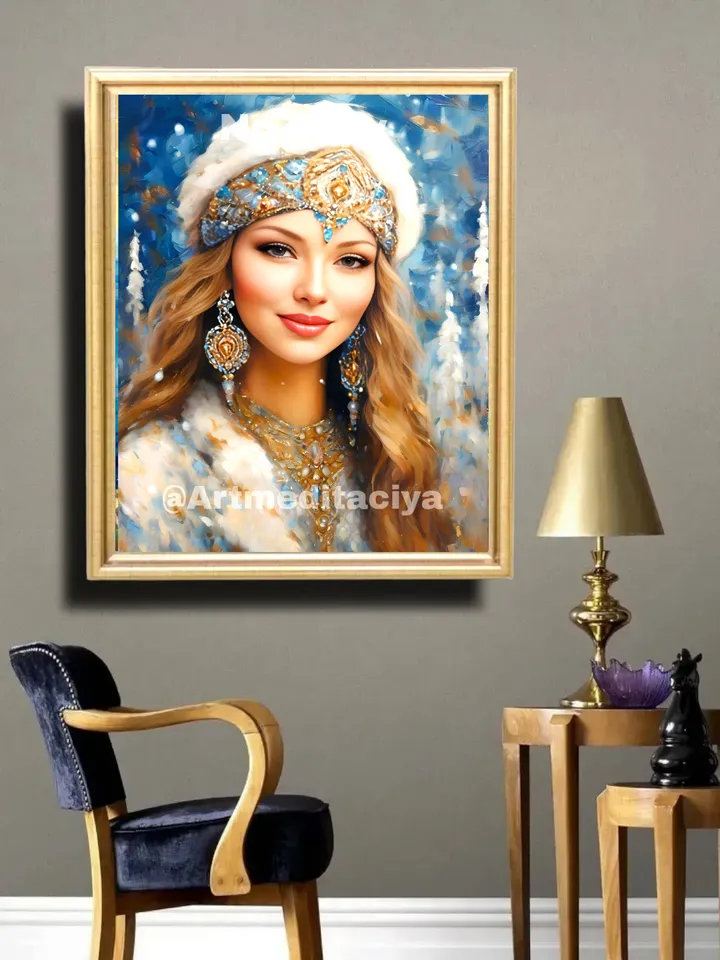 Digital abstract textural painting "Russian Snow Maiden", blonde with blue eyes in a luxurious winter headdress and white fur coat on an abstract background of a winter forest, made in the ethnic style of oil painting with a palette knife