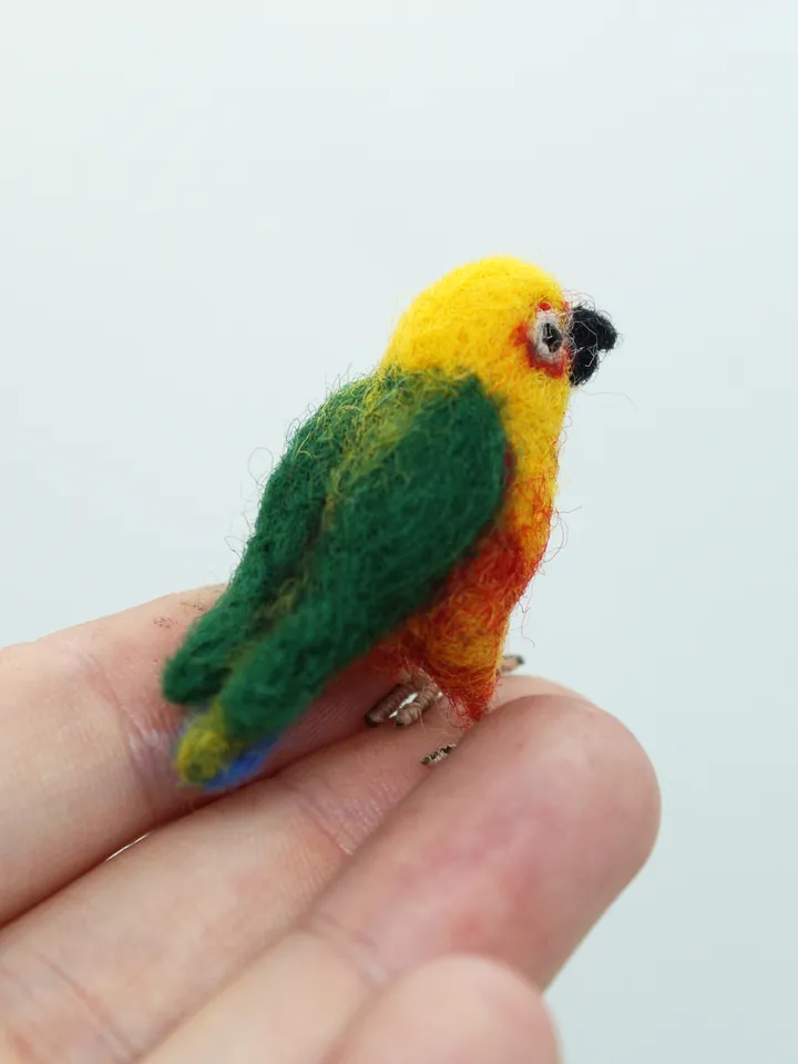 Miniature needle felted jenday conure, tiny parakeet, pet portrait