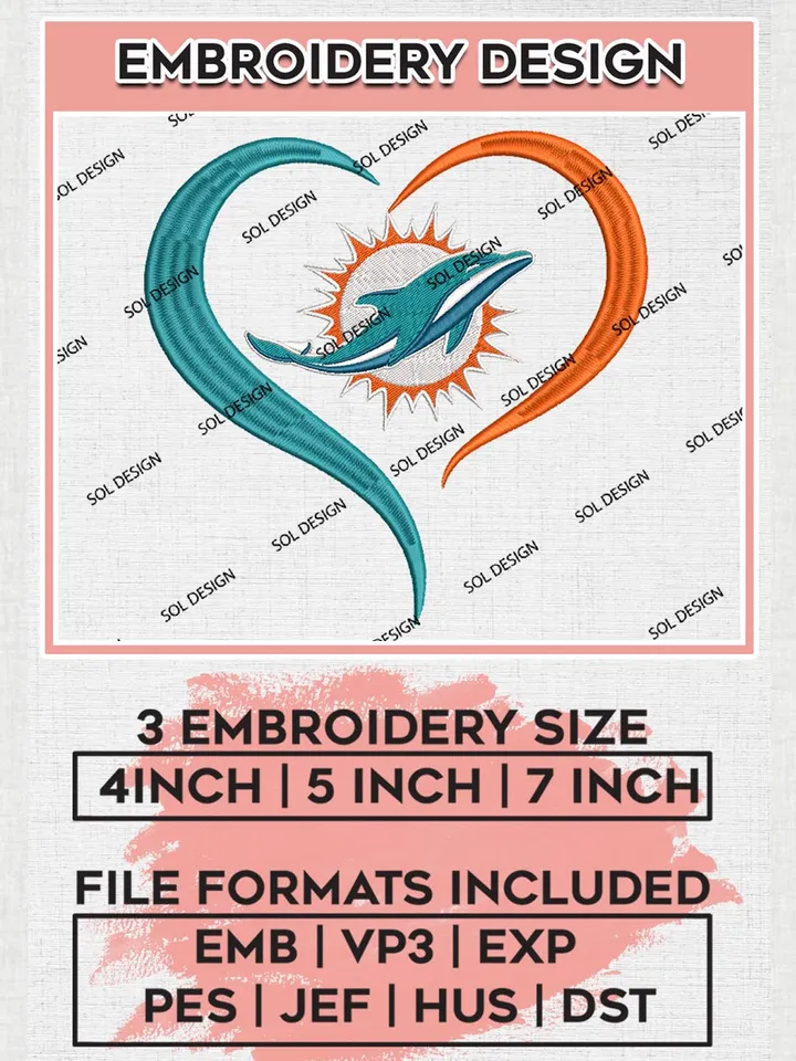 Miami Dolphins Logo Embroidery Design Files, NFL Dolphins, NFL Logo Embroidery Files, NFL Miami Dolphins Machine Embroidery Design, Digital Download