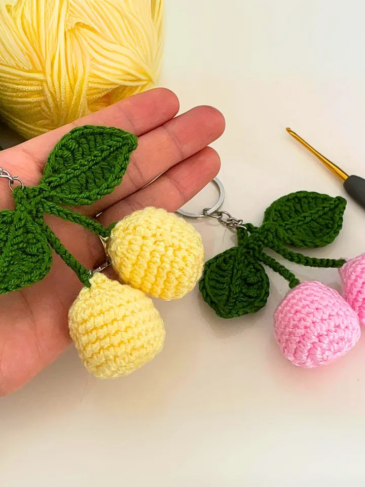 Crochet Cherry Keychain PDF Pattern โ Amigurumi Fruit Keyring Tutorial โ DIY Cute Handmade Yarn Key Chain Digital Download