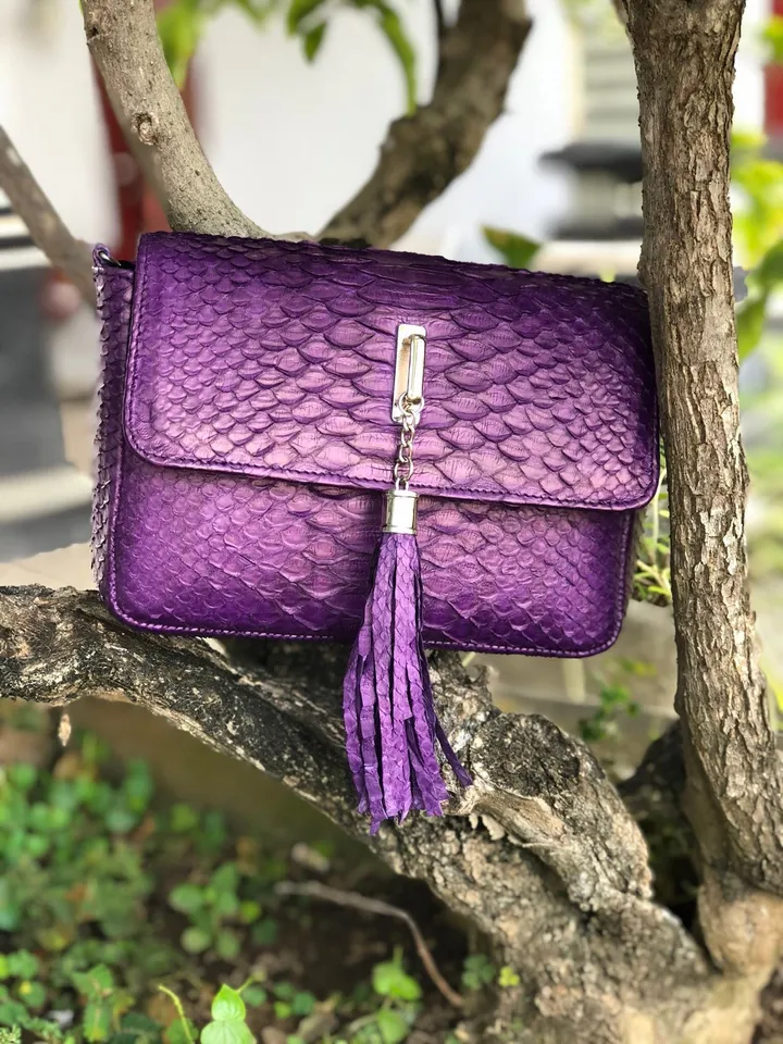 Genuine python skin TASSEL bag violet color, violet leather bag, tassel bag crossbody, small leather bag chain, elegant classy small bag