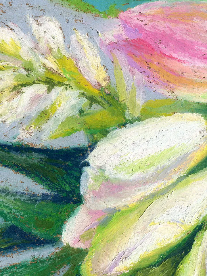 Bouquet of flowers Calla Roses Tulips Oil Pastel drawing on A4 craft paper