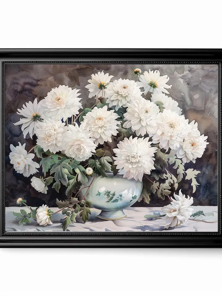 Bouquet of white chrysanthemum in a vase watercolor drawing, digital illustration, digital painting , wall art decoration. AI