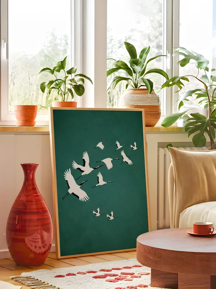 Emerald Cranes Wall Art Digital Print Japanese Style Gold Accent Bird Poster Maximalist Green Decor Eclectic living Room Artwork Gift poster