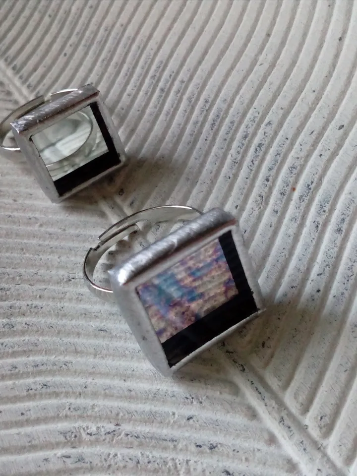 Mirror ring, squar ring, simple stained glass, tin soldered glass ring, old amalgam, scrying mirror ring, glass ring