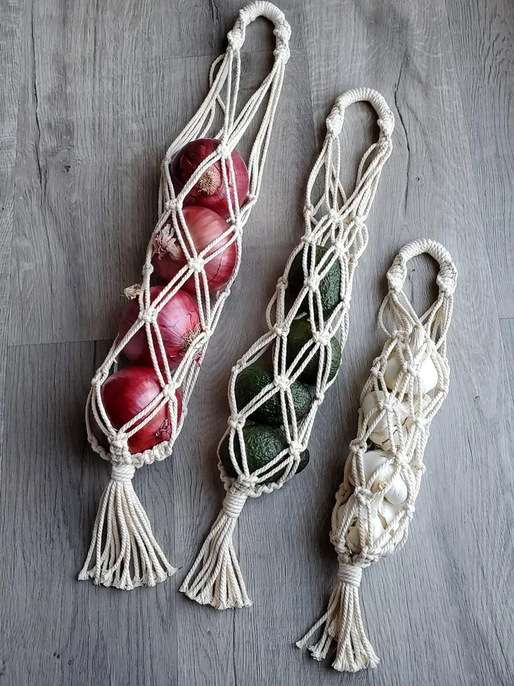 Macrame Produce Bag SET of 3 Sizes Large Medium Small Hang Fruits & Vegetables in a Breathable Boho Style Net for Kitchen Food Storage Gift