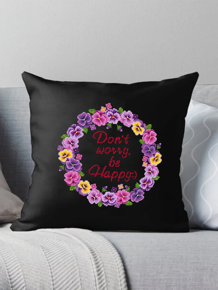 Framed quote cross stitch pattern PDF download Dont worry be happy, Flower wreath cross stitch chart, Floral frame cross stitch, Violet #Q32