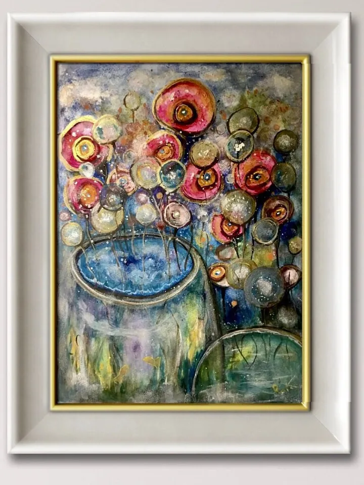 Foreign gardens-original watercolour mix media painting,fantasy flowers wall art,floral landscape,wall decoration,unique gift.
