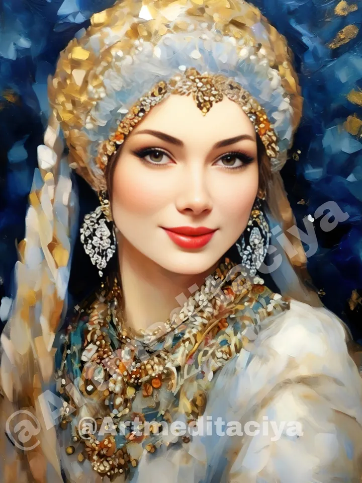 Digital abstract texture painting "Russian Snow Maiden", a blue-eyed blonde in a luxurious white winter outfit with gold elements on an abstract blue background, made in the ethnic style of oil painting with a palette knife