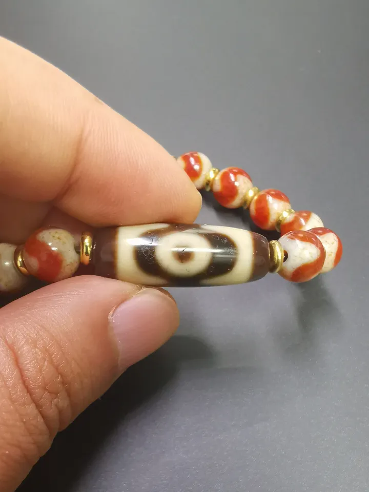 Gandhanra Tibetan Dzi Bead Bracelet,Fire Agate 3 Eyes Dzi Bead Bracelet,Protective Amulet Bead Jewelry