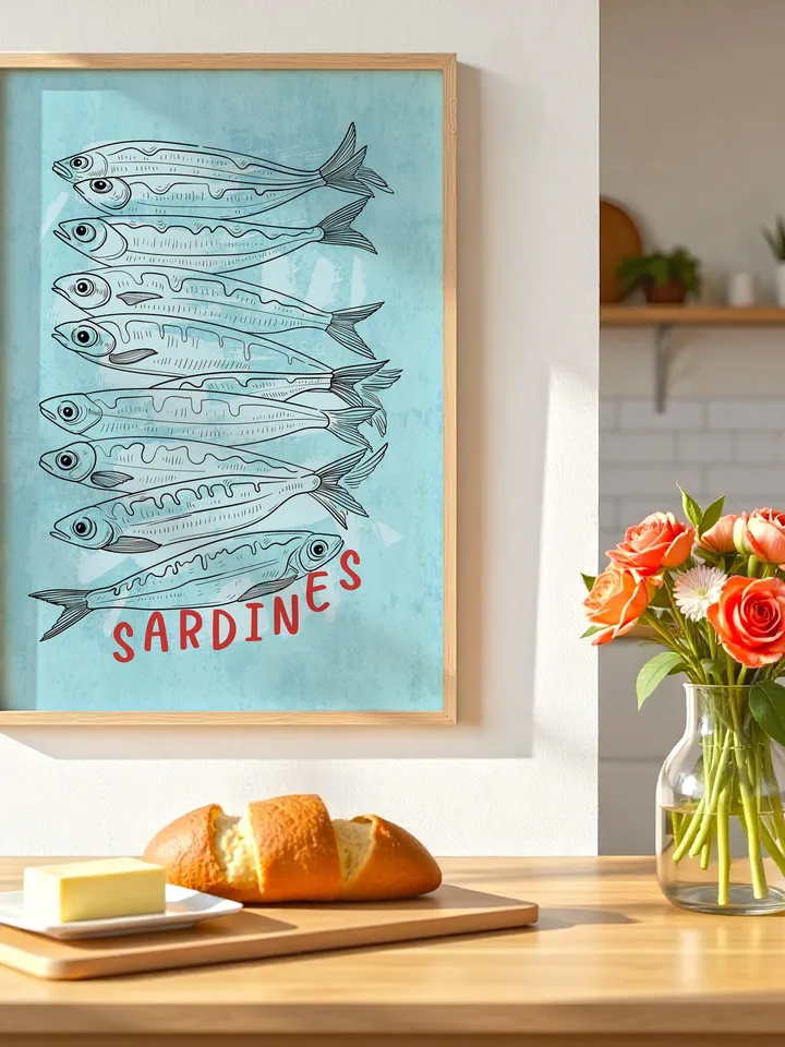 Sardine Wall Art, Sardines Tin Fish Poster, Colorful Kitchen Print, Maximalist Home Decor, Vintage Style Digital Artwork, Retro Sardine Art