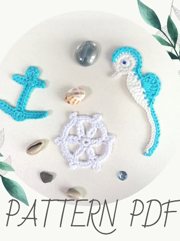 Applique Crochet pattern Seahorse, steering wheel, anchor.