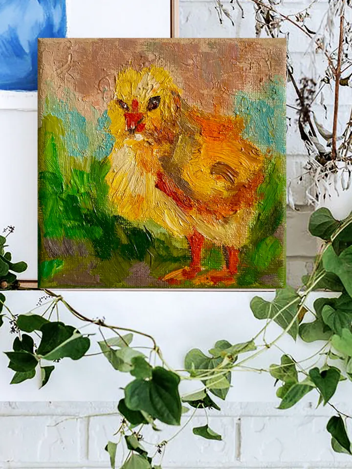Yellow baby chick painting, Chicken bird Original oil Painting on Canvas, Farm animal art, Miniature Artwork 4"x 4"