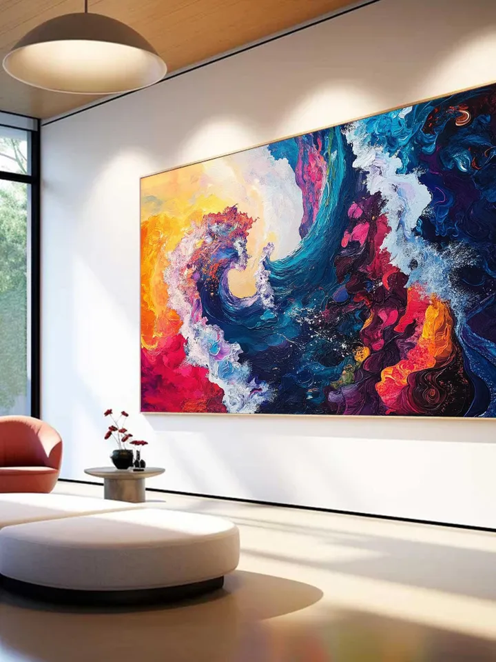 Original Hand-Painted Abstract Oil Painting on Canvas | Colorful Ocean Wave Art | Stunning Red, Blue, Yellow Decor for Living Room or Office