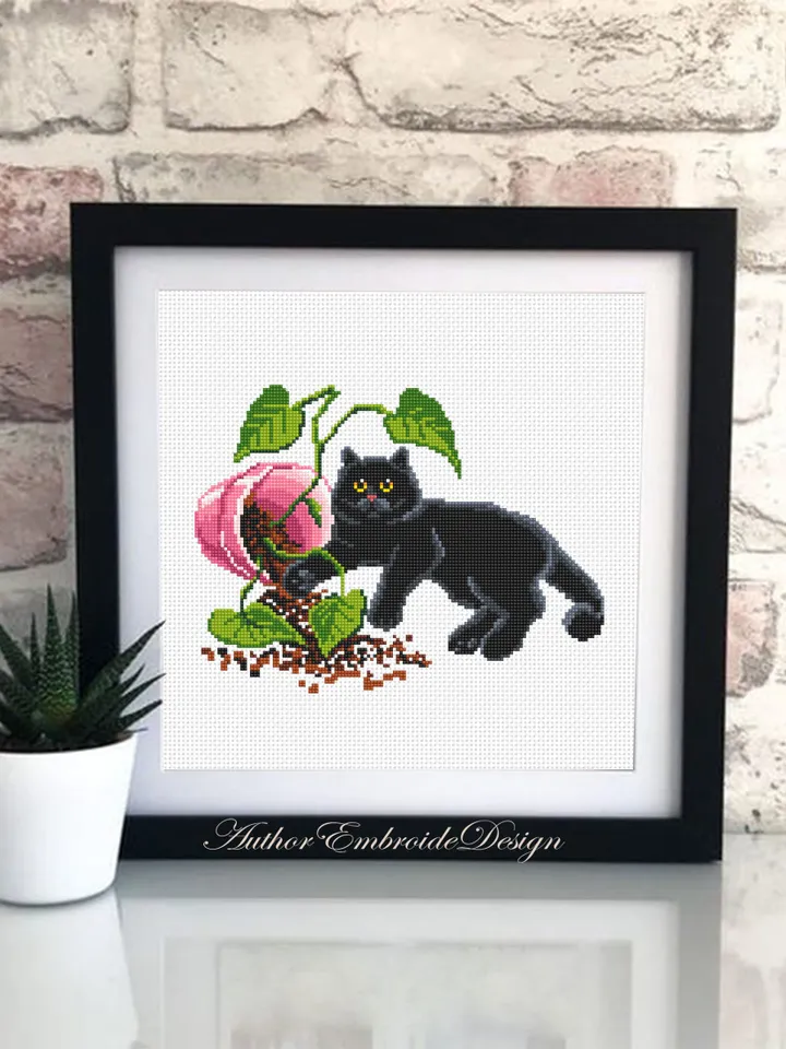 Black cat and plants cross stitch pattern PDF download Funny cat cross stitch chart, House plant pattern digital PDF, Cat lover gift #K46