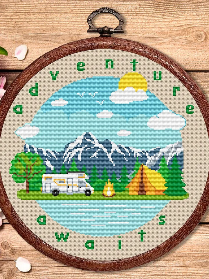 Adventure Awaits Cross Stitch Pattern, Camping Cross Stitch, Embroidery Adventure Awaits, Travel Pattern, Modern Cross Stitch #trl014