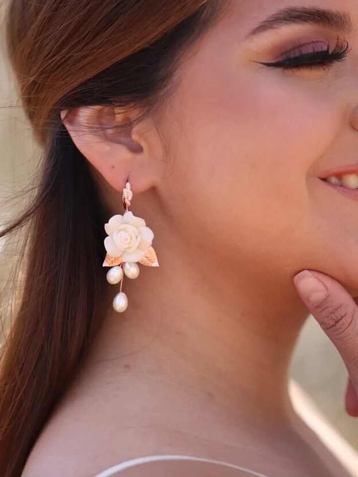 Rose Gold Boho Wedding Earrings, Delicate Porcelain Flowers Wedding Earrings, Pearl Teardrop Bridal Earrings, Statement Leaf Wedding Jewelry