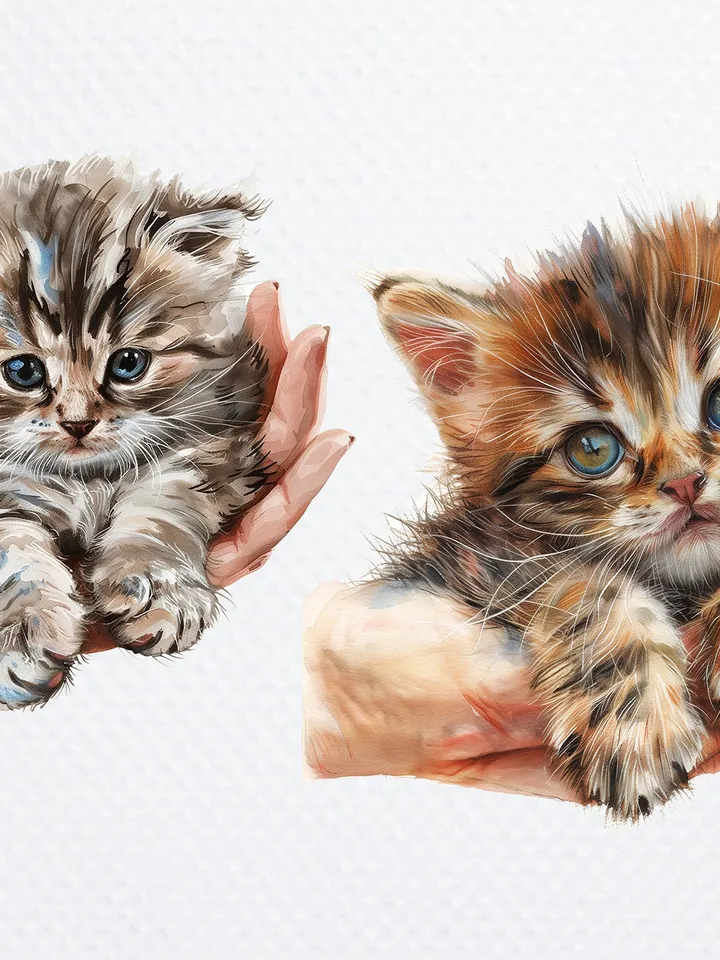 10 Fluffy Kitten in Hand PNG Clipart, Cute kitty Cat for sublimation, Printable Watercolor Cat clipart, Paper craft, junk journals