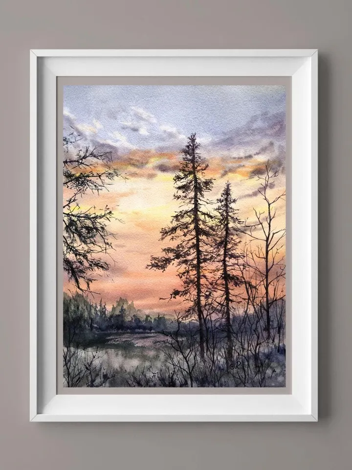 Landscape Original Painting Sunset Watercolor Painting Trees Forest Wall Art