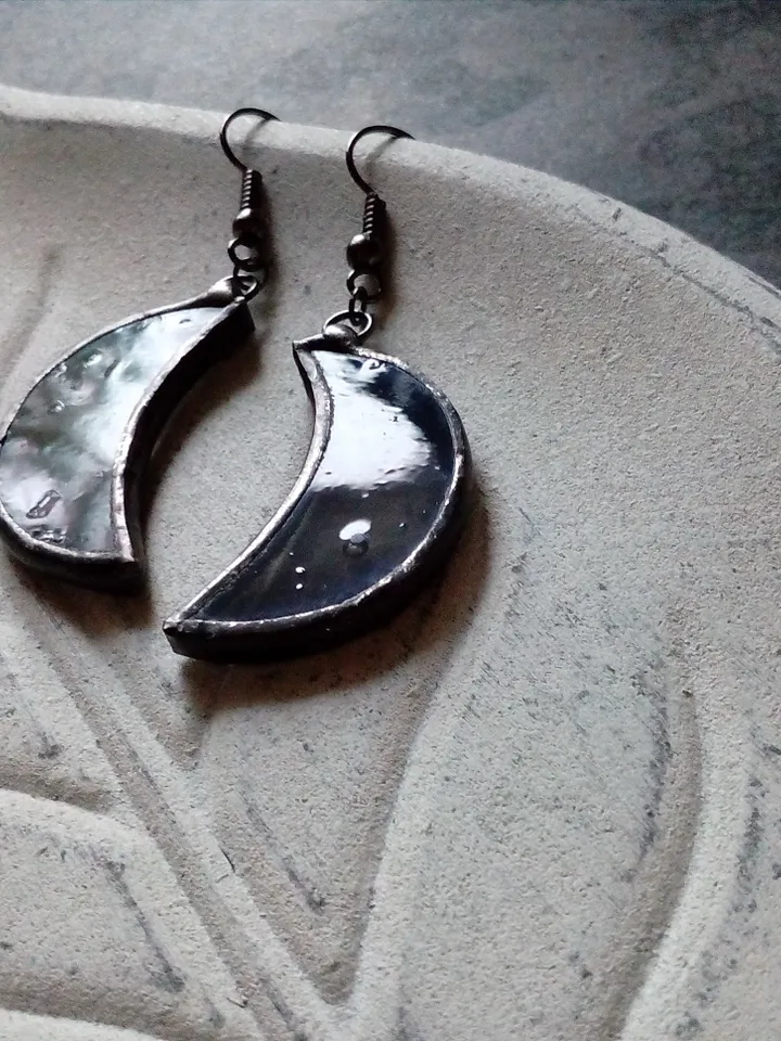 Glass crescent earrings, Black crecsent, Witchy goth aesthetic, Witch earrings, Tin soldered moon earrings