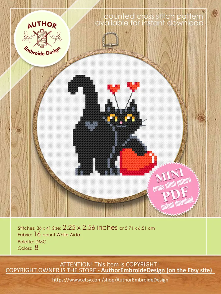 Set Cat valentines day cross stitch pattern download PDF Cute black cat cross stitch chart, Funny cat valentine cross stitch, Cat lover #T10