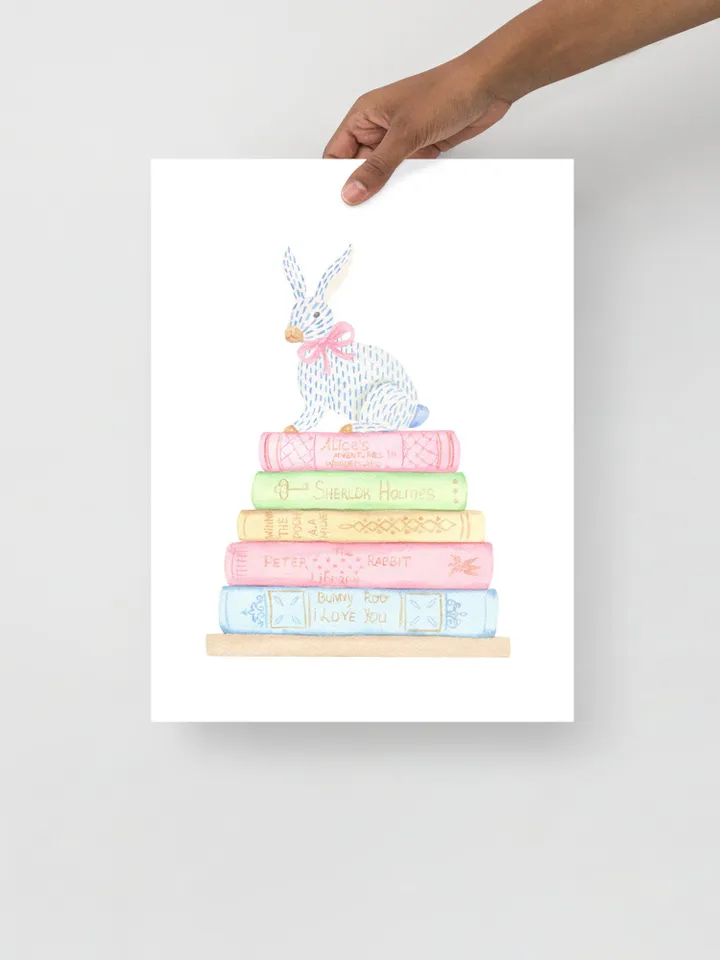 Book And Rabbit Watercolor Painting Print, Gift For Books Lover, Children Book, Book Lover Decor, Stack Of Books,Cute Baby Bunnies Art Print