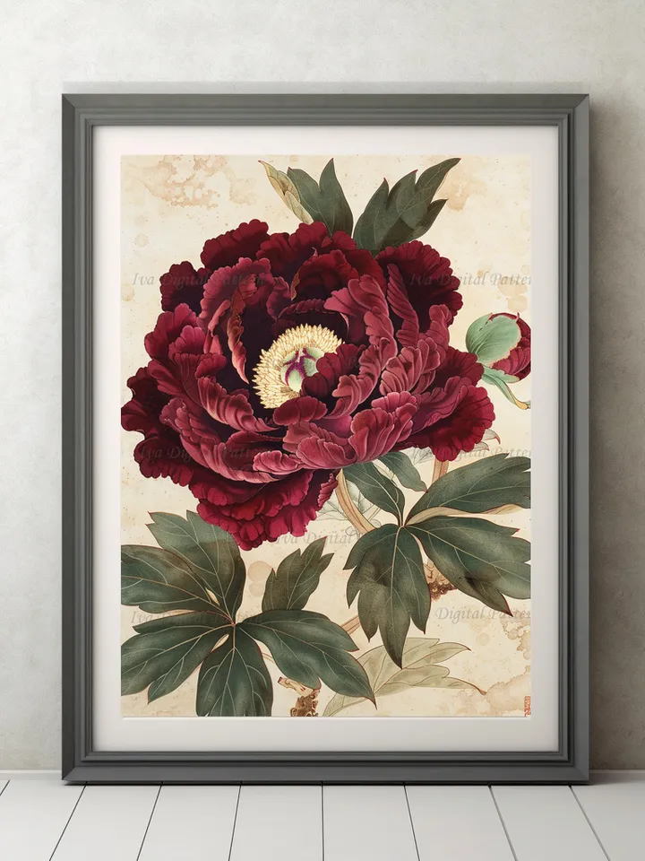 Digital burgundy velvet peony flower Art Print chinese painting , Modern Wall Art Decor, Digital Prints, Instant Download AI