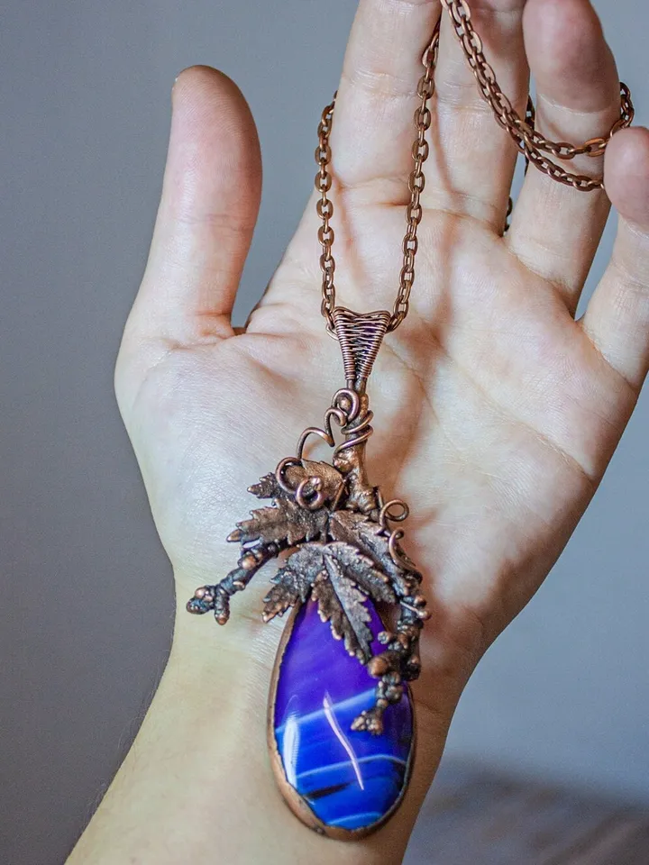 Unique handmade copper pendant made of natural leaves and twigs using the electroforming method, with a natural agate, an original gift